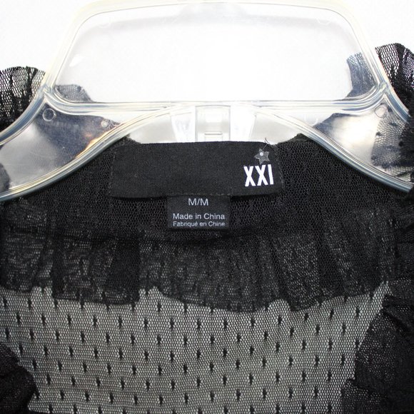 Forever 21 Women's See-thru Blouse Lace Ruffles Sequin Button Up Black Medium - Picture 8 of 9